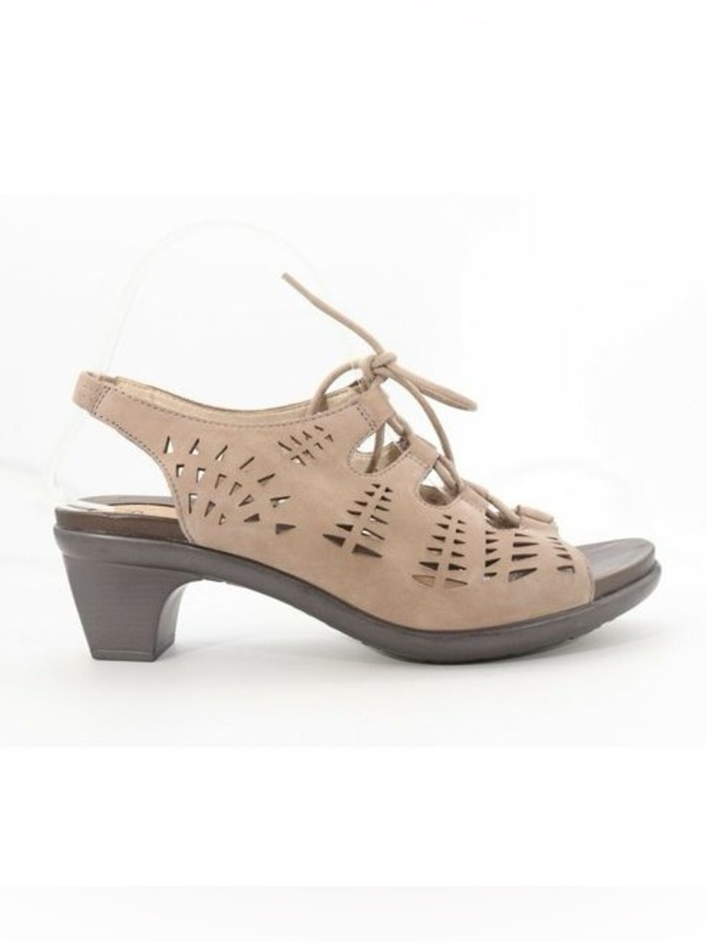 NWT! ABEO Goldie Slingback Lace Up Heeled Taupe Leather Sandals size 9 Narrow